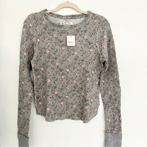 Free People Gray and Pink Floral Long Sleeve Top